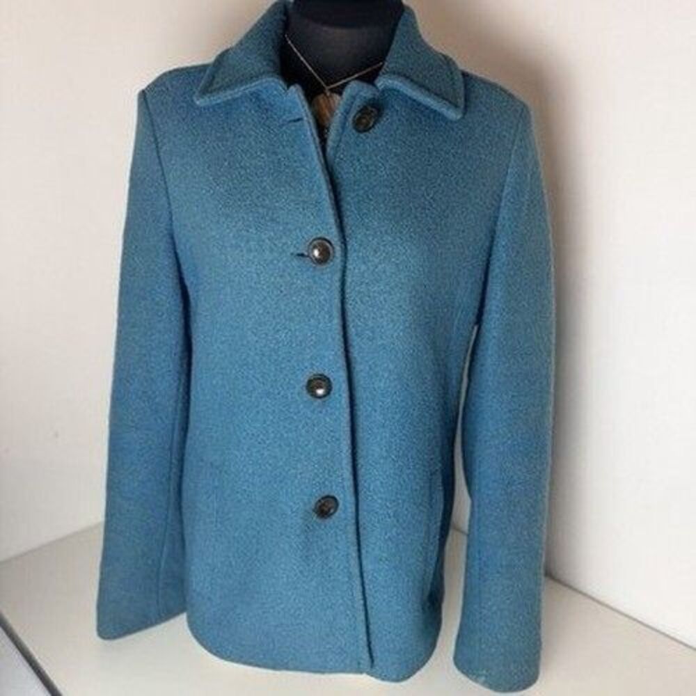 Lands' End Coat Womens Size 10 Teal Long Sleeve Wool Single-Breasted Y2K Granny